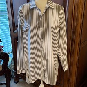 J. Jill Black and Taupe Striped White Button Down Boyfriend Shirt, NWT, L